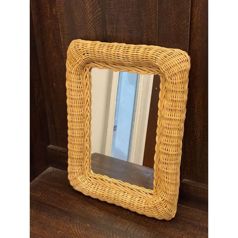Vintage Wicker Mirror Rattan Woven Wall Mirror Boho Cottage Coastal Vanity Decor